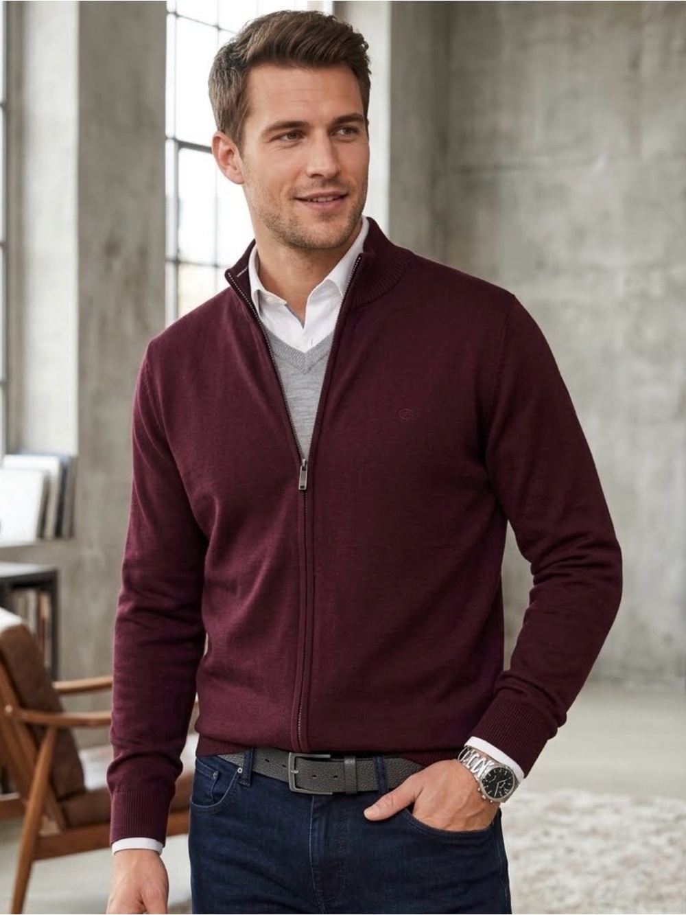 Men's Zip-Up Sweater Cardigan in Deep Burgundy